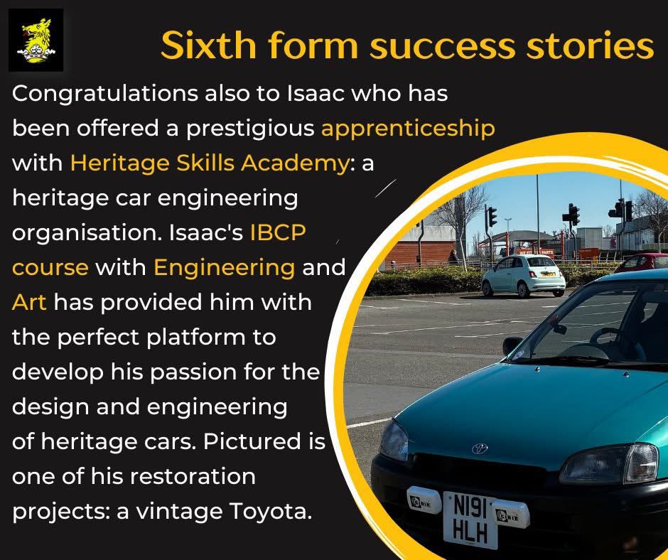 Dane_Court_GS's tweet image. Our IB programmes are excellent springboards for both top university
destinations and leading employers and apprenticeship providers. These are just two of our students' recent successs stories. 💻🚘 Congratulations to Poppy and Isaac. 🌟