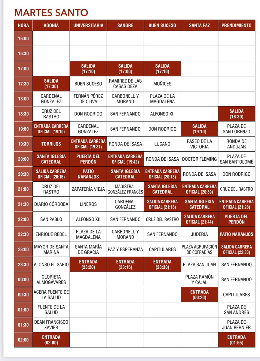 Horarios previstos para hoy #MartesSanto. 

#SemanaSantaCórdoba