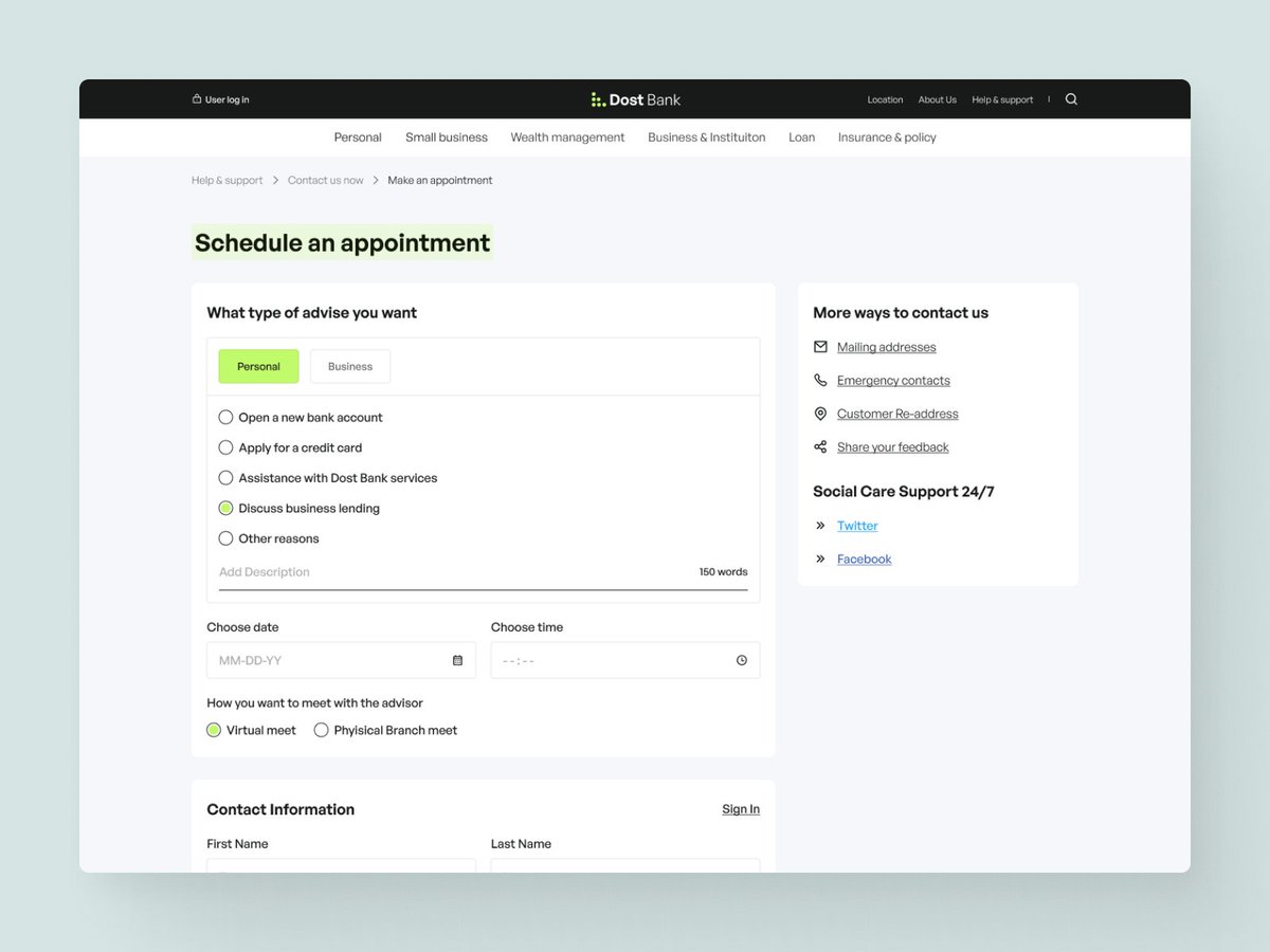 Maqawagency's tweet image. Here’s a sneak peek at how 𝗗𝗼𝘀𝘁 𝗕𝗮𝗻𝗸 connects people to flexible meetings and easy appointment booking.

Full design view: dribbble.com/shots/25905035…

--
#fintechdesign #bankingui #financeui #digitalbanking #bankingwebsite #webdesign #uiuxdesign #ui #ux