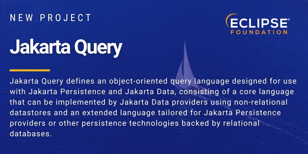 📢 New project alert! The #JakartaQuery project has been successfully created!

Jakarta Query defines the syntax and semantics of the query language itself, including the type system of the language. 

🔸 Learn more: hubs.la/Q03hnv3q0
#JakartaEE #Java #EclipseFdn