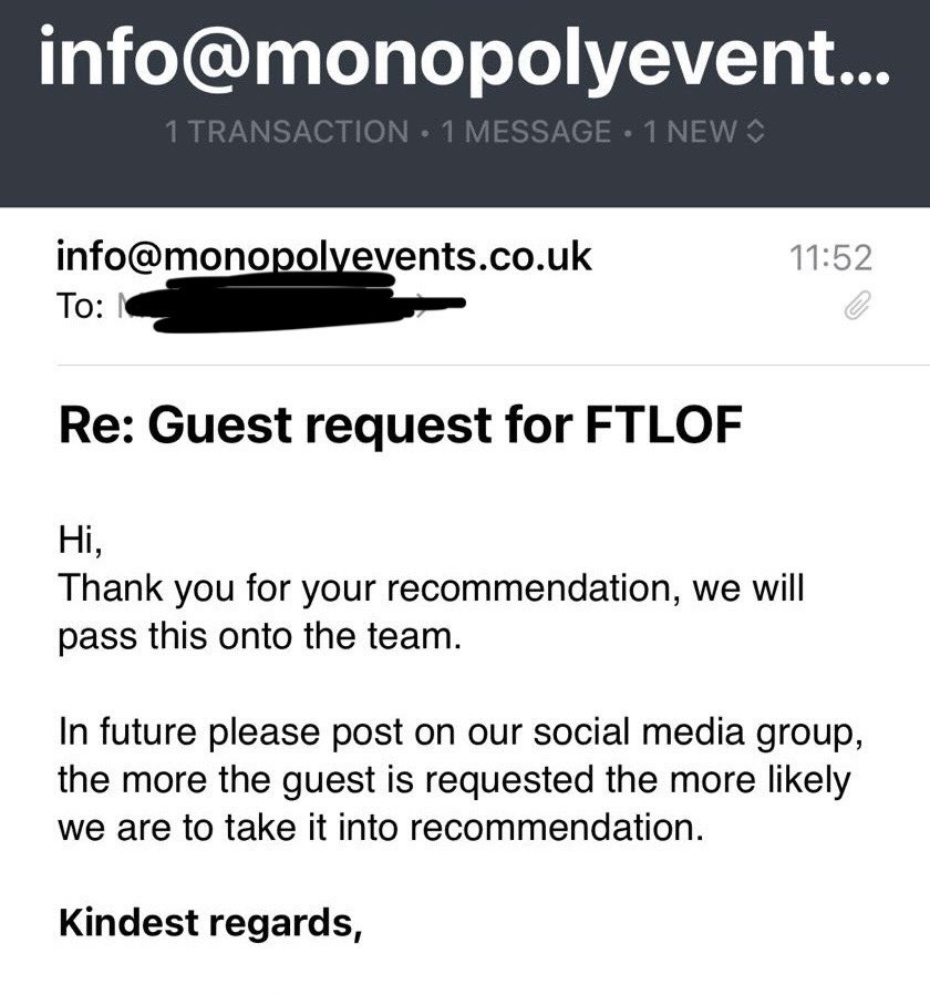 Hey #SPNFamily, so a bunch of us emailed <a href="/monopolyevents1/">Monopoly Events</a> about getting <a href="/RobBenedict/">Rob Benedict</a> to <a href="/ftlofantasy/">For The Love Of Fantasy</a> in London in August. They very kindly replied and said this. ⬇️

So… We’ve got work to do. 😉 

Please go (politely) demand the cutest evil, capricious God at FTLOF. 🫶🏻