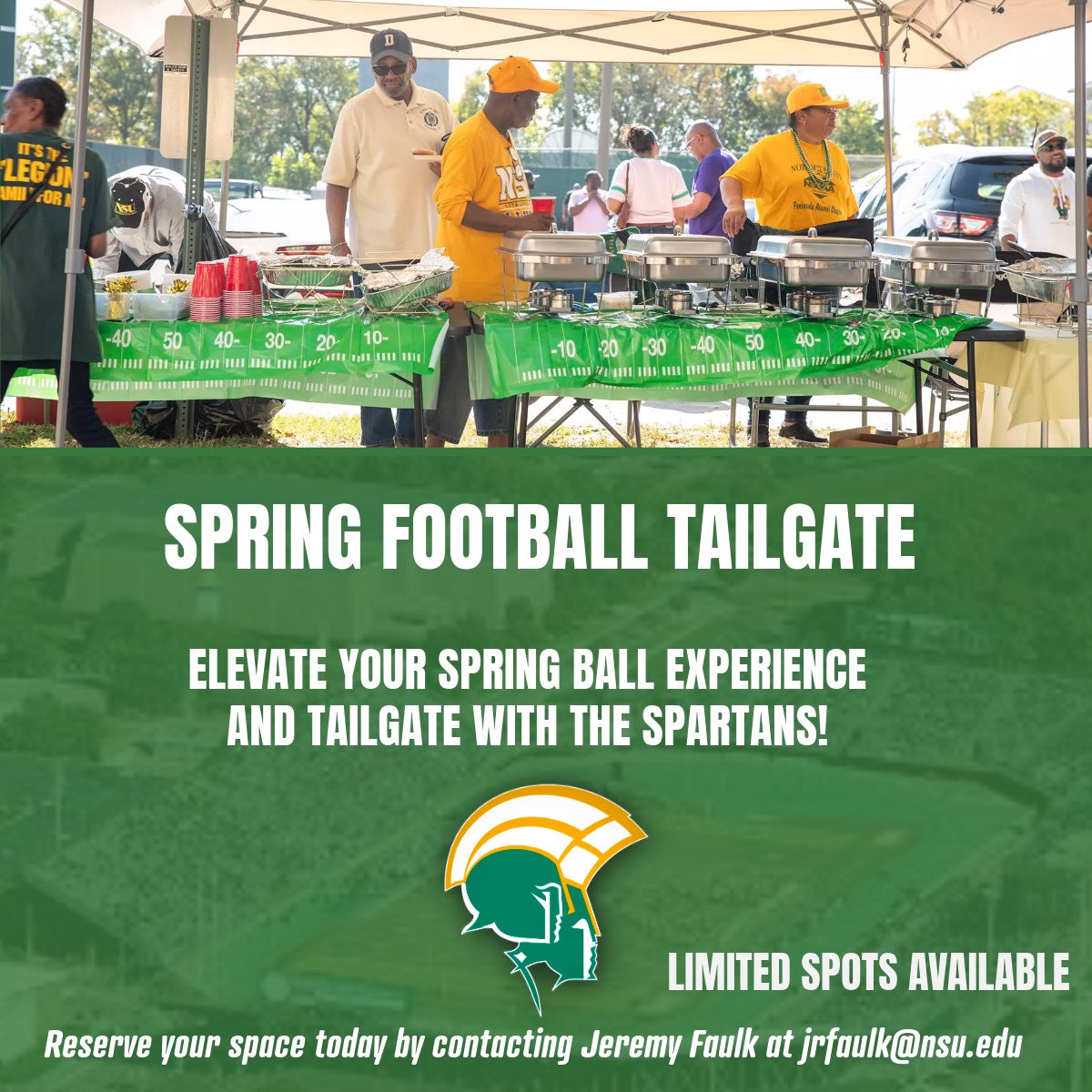 Elevate your spring football experience with our tailgate opportunities!

Limited spots available, contact jrfaulk@nsu.edu to reserve your space today!

#GoldStandard🔰