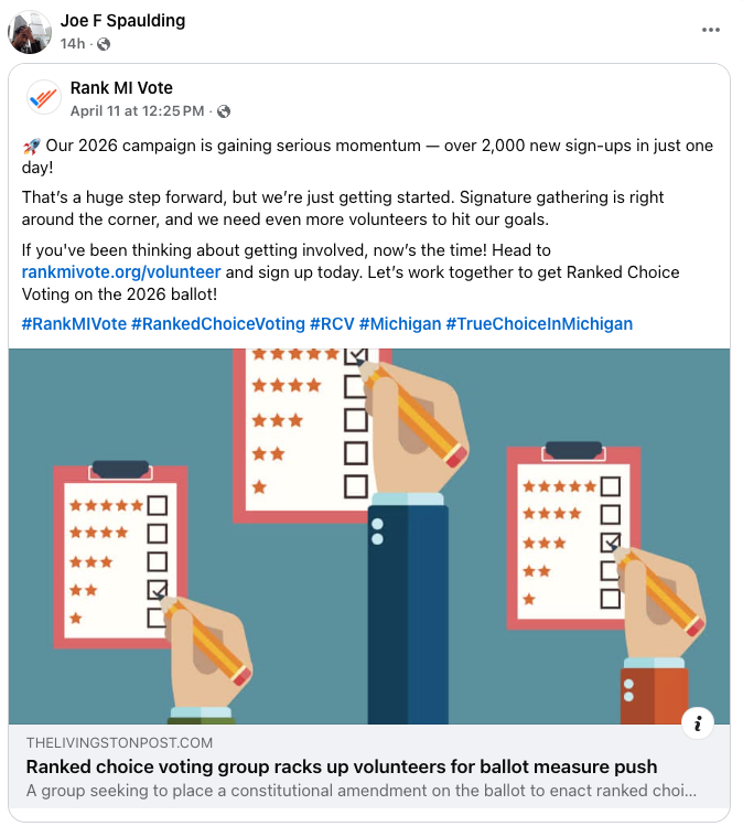 moe_spaulding's tweet image. Be very wary, #Michiganders, of who is supporting the @RankMIVote initiative. West Michigan Marxist @beyond_process is one of the major supporters. 

If Joe F. Spaulding is for it, it&apos;s not good for Michigan.