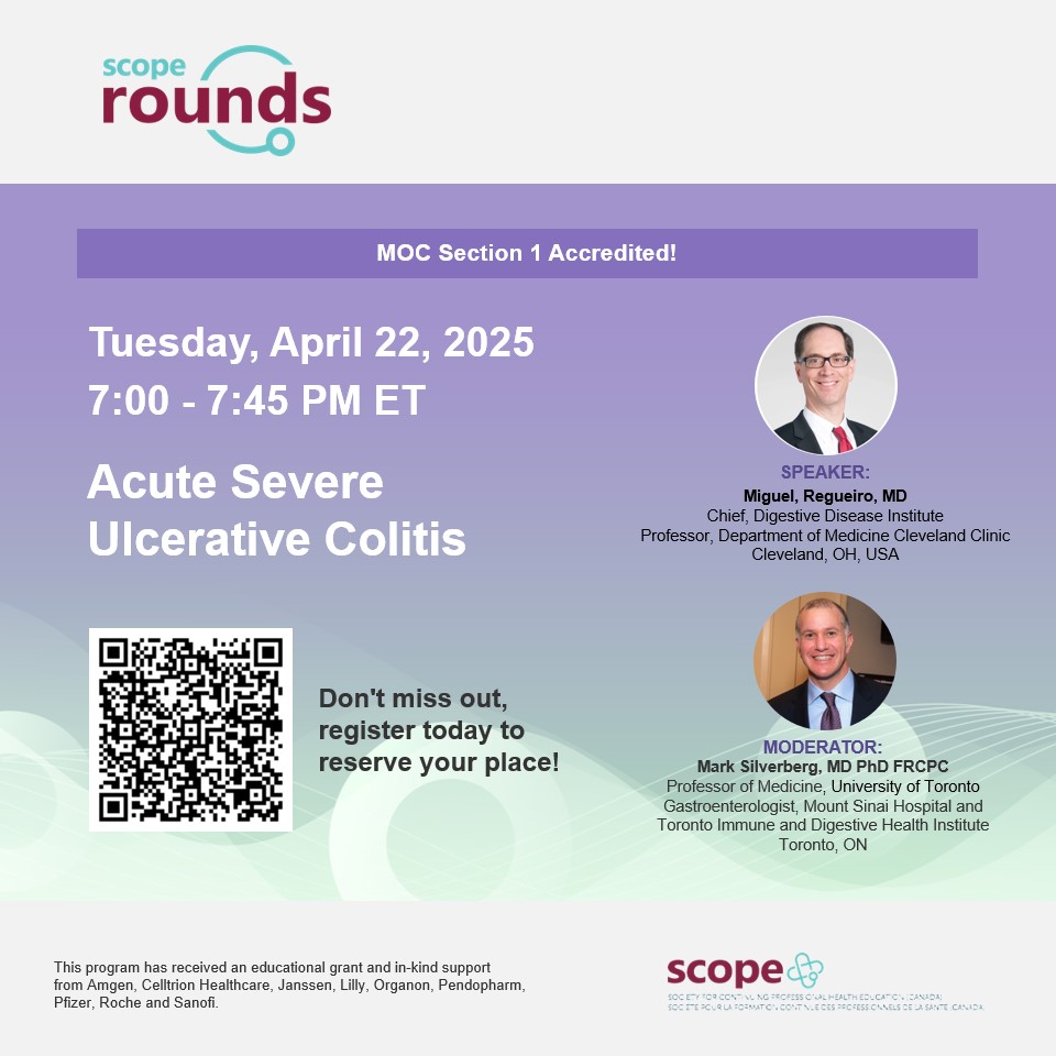 SCOPE Canada (@scopecanmd) on Twitter photo Join us for another SCOPE Rounds webinar next Tuesday, April 22 with Dr. Miguel Regueiro! 🤩
🚨You don't want to miss this talk - register now! us02web.zoom.us/webinar/regist…
#SCOPERounds
<a href="/guthealthmd/">Dr Mark Silverberg</a>
<a href="/vipuljairath/">Vipul Jairath MBChB DPhil</a>
<a href="/marshllj/">John K. Marshall MD</a> Join us for another SCOPE Rounds webinar next Tuesday, April 22 with Dr. Miguel Regueiro! 🤩
🚨You don't want to miss this talk - register now! us02web.zoom.us/webinar/regist…
#SCOPERounds
<a href="/guthealthmd/">Dr Mark Silverberg</a>
<a href="/vipuljairath/">Vipul Jairath MBChB DPhil</a>
<a href="/marshllj/">John K. Marshall MD</a>