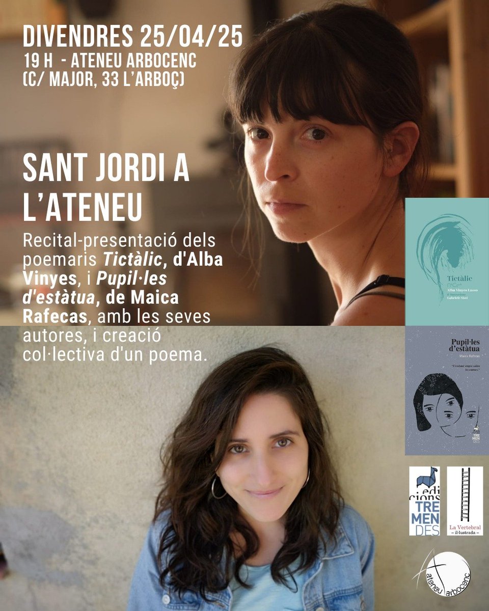 Maica Rafecas (@m_rafecas) on Twitter photo Comencem presentacions, amb un bon equip i un estimat lloc. Passat Sant Jordi, a l' <a href="/AteneuArbocenc/">AteneuArbocenc</a> amb l'Alba Vinyes i el seu Tictàlic. Us hi esperem!
<a href="/ed_tremendes/">Edicions Tremendes</a> Comencem presentacions, amb un bon equip i un estimat lloc. Passat Sant Jordi, a l' <a href="/AteneuArbocenc/">AteneuArbocenc</a> amb l'Alba Vinyes i el seu Tictàlic. Us hi esperem!
<a href="/ed_tremendes/">Edicions Tremendes</a>