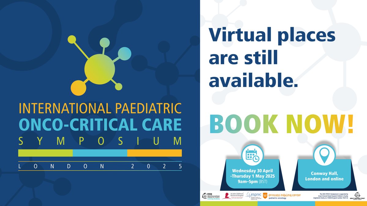 Last chance for IPOCCS 2025! Face-to-face bookings are closed, but virtual tickets are available until Wed, 30 April 2025, 8:00.

Don’t miss out on learning from global experts in paediatric oncology and critical care.

Register now: courses.gosh.org/event/IPOCCS20…