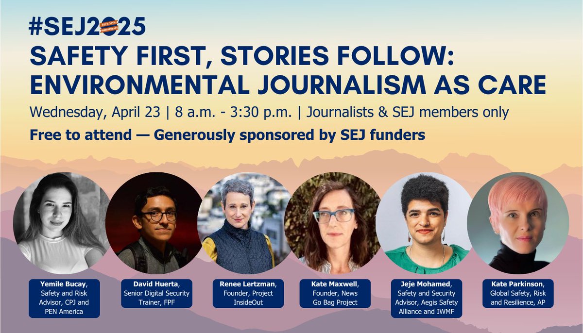 Society of Environmental Journalists (SEJ) (@sejorg) on Twitter photo #SEJ2025 Workshop 3. “Safety First, Stories Follow — Environmental Journalism As Care” is now FREE to attend thanks to the generosity of SEJ funders! If you've already registered, email sej@sej.org to add this workshop to your registration. Register now: conference.sej.org #SEJ2025 Workshop 3. “Safety First, Stories Follow — Environmental Journalism As Care” is now FREE to attend thanks to the generosity of SEJ funders! If you've already registered, email sej@sej.org to add this workshop to your registration. Register now: conference.sej.org