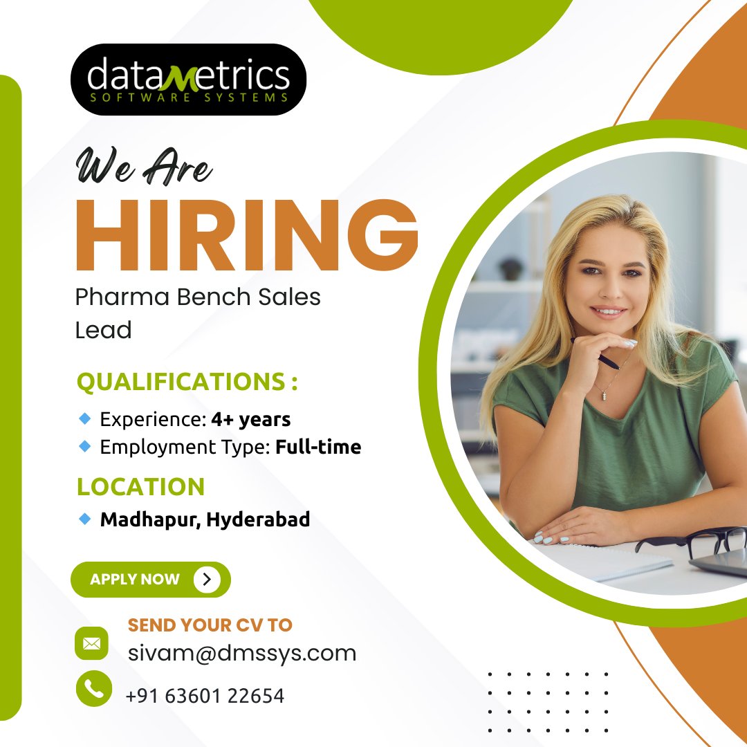 Datametrics_IT's tweet image. 🎯 We Are Hiring!

💼 Position: Pharma Bench Sales Lead
📍 Location: Madhapur, Hyderabad
📅 Experience: 4+ Years
🕒 Type: Full-Time

📧 Send your CV to: sivam@dmssys.com
📞 Call us: +91 63601 22654

#Hiring #BenchSalesJobs #PharmaJobs #HyderabadJobs #Madhapur #JobAlert