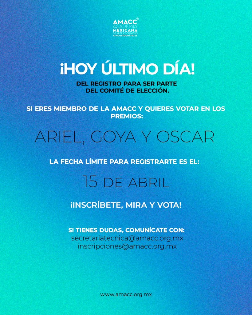 ¡Ultimo día ! 📣

Si eres Miembro Asociado y quieres decidir sobre los premios Ariel, Goya y Oscar, asegúrate de registrarte antes del 15 de abril. ¡Participa y recuerda, tú decides!

¡Inscríbete, mira y vota!