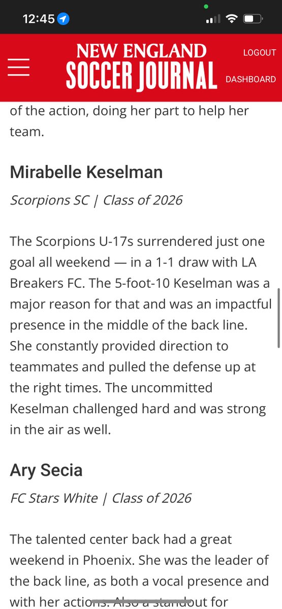 Mirabelle Keselman ⚽️ '26 (@mirabellekese) on Twitter photo Thank you <a href="/NESoccerJournal/">New England Soccer Journal</a> for recognizing me as a U-17 standout from #ECNL Phoenix!
<a href="/ECNLgirls/">ECNL Girls</a> <a href="/ImYouthSoccer/">ECNL/GA/Recruiting/College Soccer</a> <a href="/ScorpionsSoccer/">Scorpions Soccer Club</a> <a href="/ImCollegeSoccer/">College Soccer Truth ™</a> Thank you <a href="/NESoccerJournal/">New England Soccer Journal</a> for recognizing me as a U-17 standout from #ECNL Phoenix!
<a href="/ECNLgirls/">ECNL Girls</a> <a href="/ImYouthSoccer/">ECNL/GA/Recruiting/College Soccer</a> <a href="/ScorpionsSoccer/">Scorpions Soccer Club</a> <a href="/ImCollegeSoccer/">College Soccer Truth ™</a>