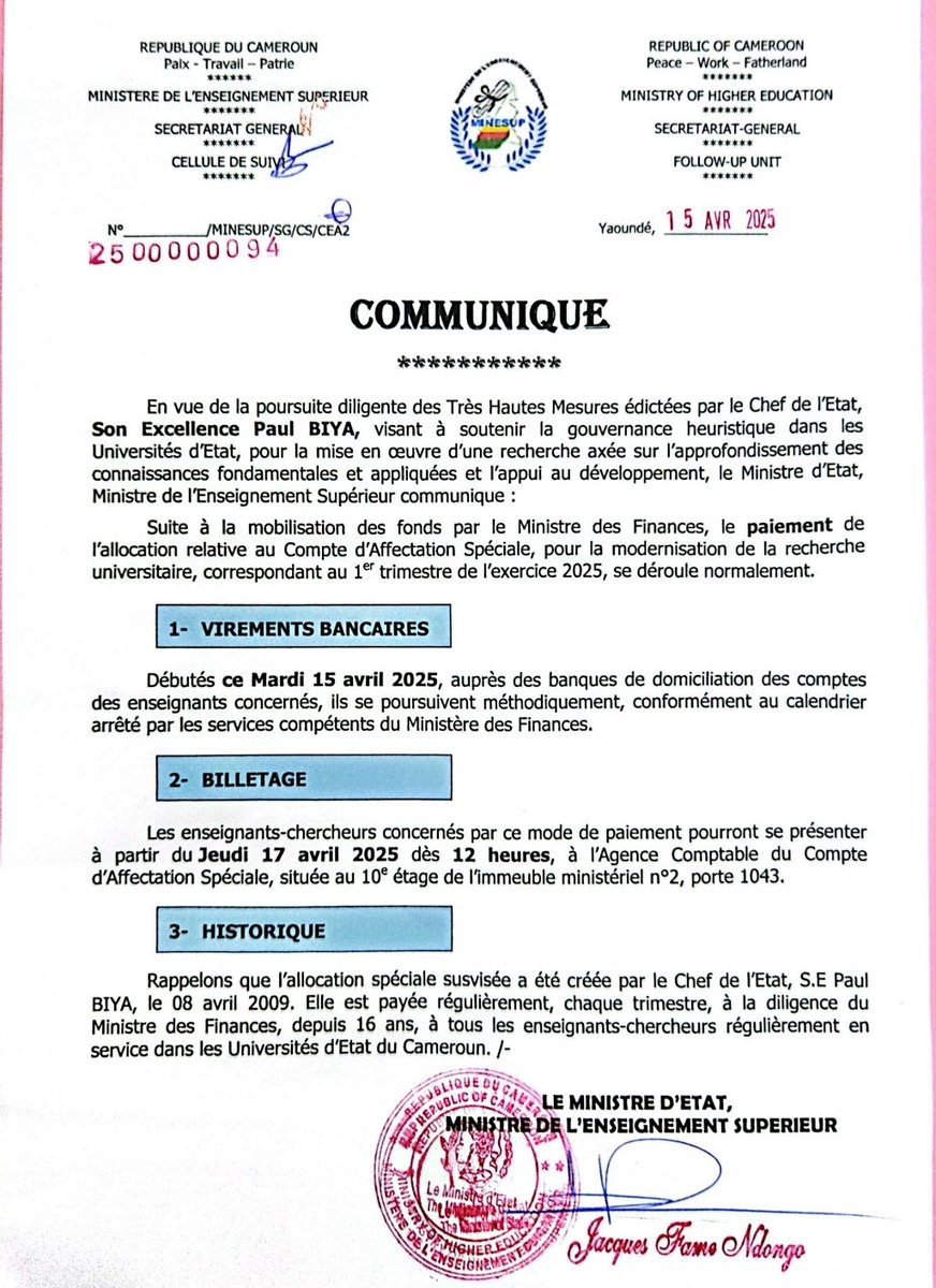 MINESUP Cmr-Officiel (@minesupcmr) on Twitter photo #Prime de la modernisation de la recherche #Prime de la modernisation de la recherche