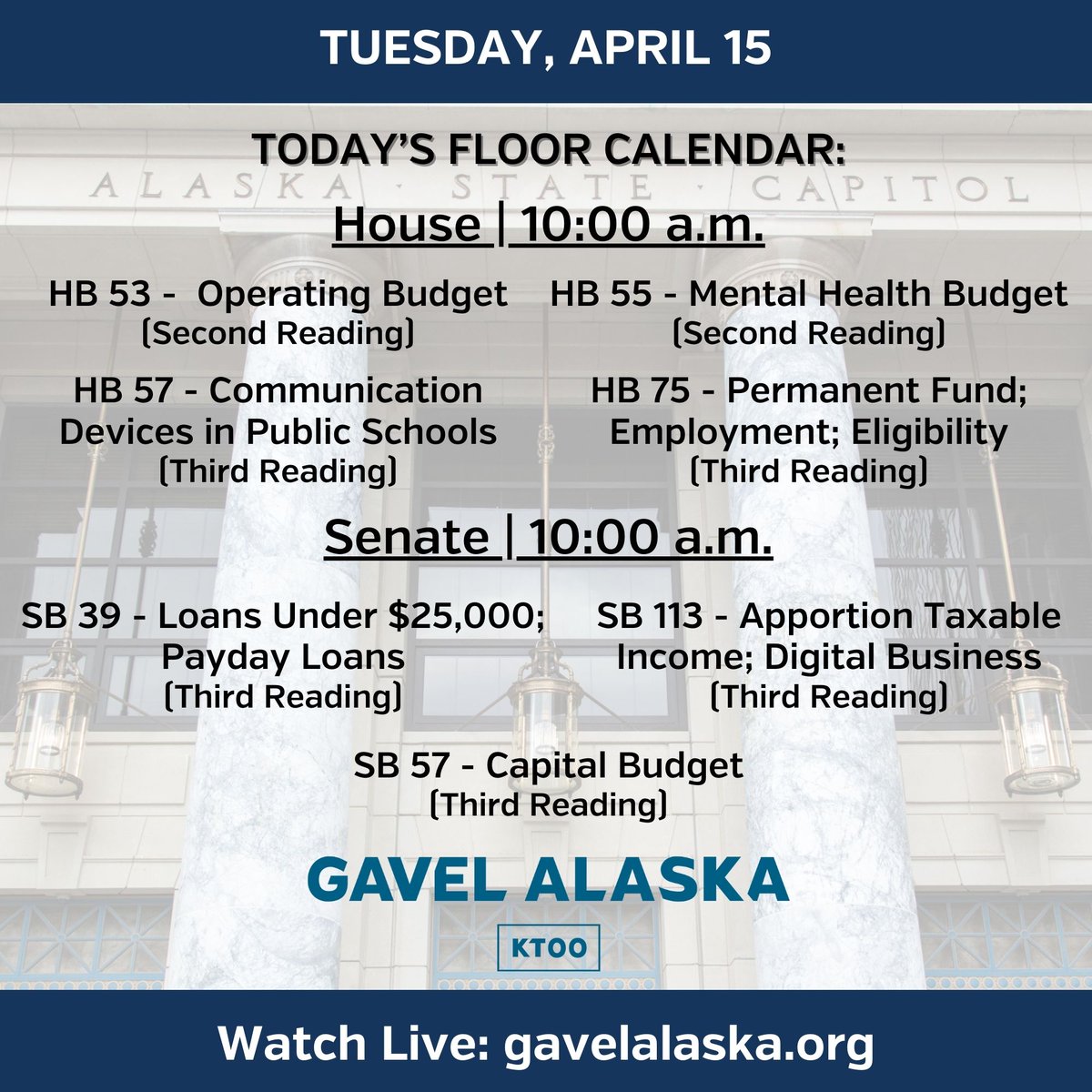 The House is scheduled to resume amendments on the state operating budget, while the Senate takes up the capital budget today. Watch both floor sessions live at gavelalaska.org. #akleg