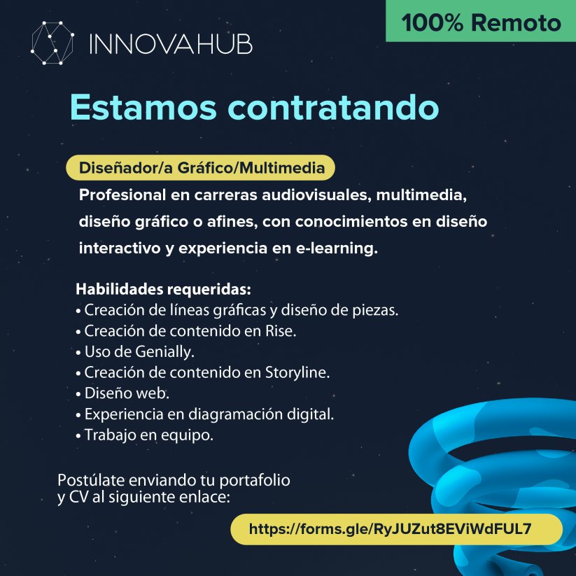 InnovaHubCol's tweet image. No olvides postular en el siguiente enlace forms.gle/RyJUZut8EViWdF…

¡Esperamos conocerte muy pronto!

#TrabajoSiHay #ofertalaboral #empleo #trabajoremoto #diseño #diseñomultimedia #diseñoelearning