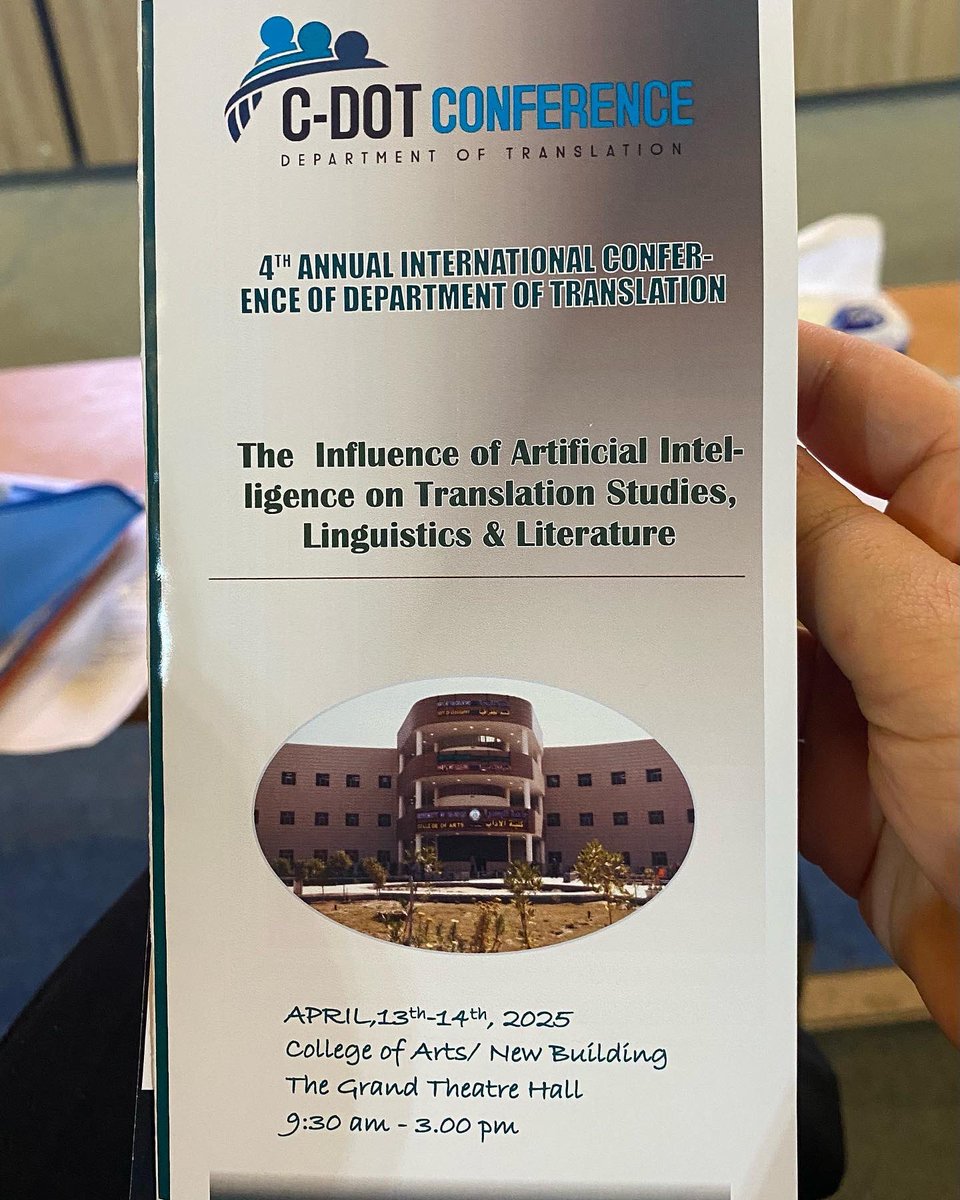 أثناء الحضور والتنظيم، مع بقية الزملاء والزميلات في قسم الترجمة، لمؤتمر الترجمة العملي الرابع حول "تأثير الذكاء الاصطناعي في دراسات الترجمة واللسانيات والأدب" والذي عُقد للفترة من ١٣-١٤/ ٤/ ٢٠٢٥ في قاعة المسرح الكبير في كلية الآداب / جامعة البصرة. 
#AI
#translation
