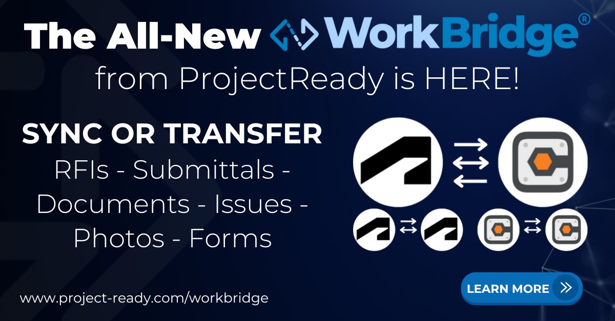 ProjectReadyPro's tweet image. Introducing the All-New #WorkBridge from ProjectReady – the easiest way to sync and transfer your project data between #Autodesk Construction Cloud and #Procore. 

Learn More at project-ready.com/workbridge

#autodesk #procore #PIM #ConTech #AEC #AECO #construction