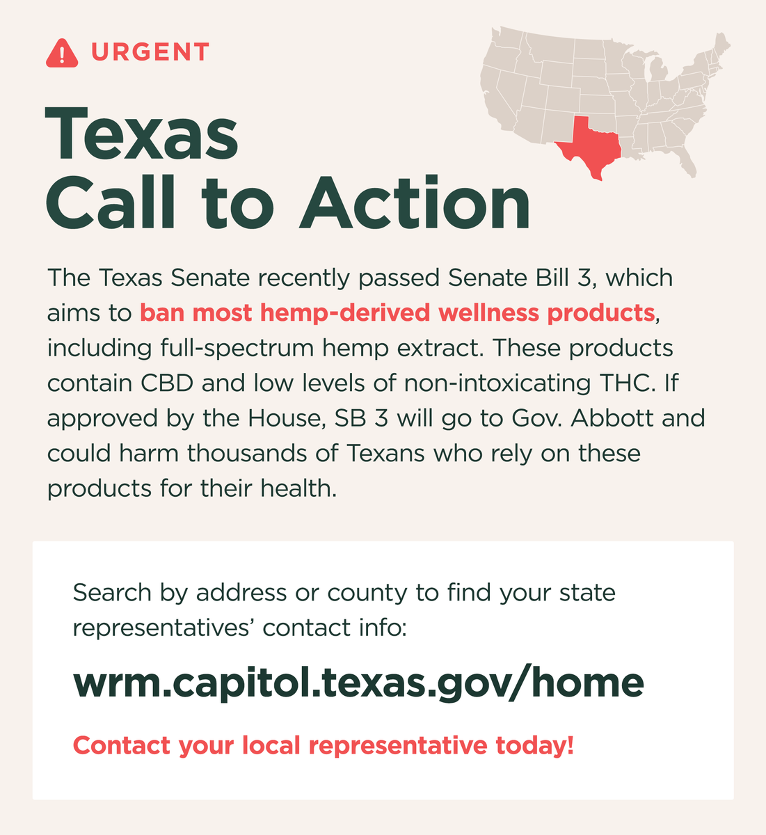 theCBDistillery's tweet photo. Texas hemp consumers: Senate Bill 3 threatens access to safe, legal hemp-derived CBD products that thousands of Texans rely on every day.

We are committed to providing trusted, high-quality wellness products, and to protecting the rights of responsible consumers. Let’s stand together for access, transparency, and choice in the hemp industry.

Learn more and take action here:
https://t.co/cSU7sKaZOP

#Hemp #CBD #CBDMovement