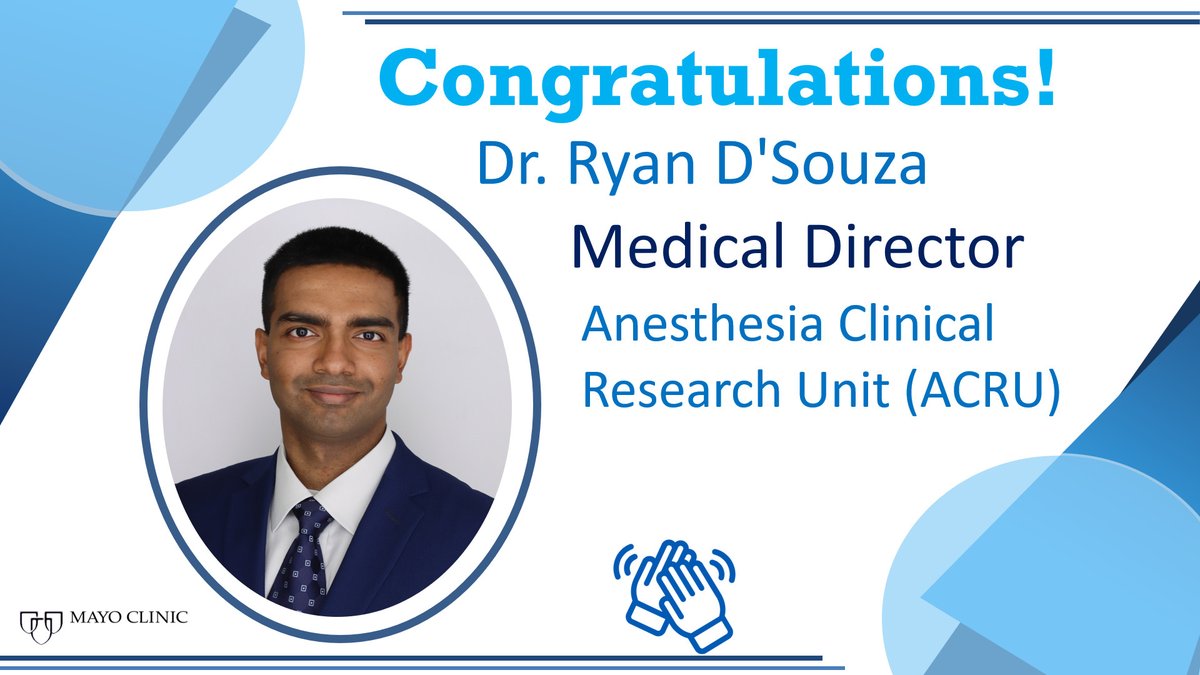 Mayo Clinic Department of Anesthesiology (@mayoanesthesia) on Twitter photo Congratulations Dr. D'Souza on being named the new Medical Director of the Anesthesia Clinical Research Unit.
<a href="/Ryan_S_DSouzaMD/">Ryan D'Souza, MD</a> Congratulations Dr. D'Souza on being named the new Medical Director of the Anesthesia Clinical Research Unit.
<a href="/Ryan_S_DSouzaMD/">Ryan D'Souza, MD</a>