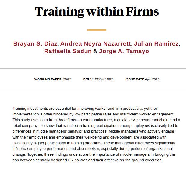 NBER (@nberpubs) on Twitter photo Variation in training participation among employees is closely tied to differences in middle managers' behavior and practices, from Brayan S. Diaz, Andrea Neyra Nazarrett, Julian Ramirez, <a href="/raffasadun/">Raffaella Sadun</a>, and Jorge A. Tamayo nber.org/papers/w33670 Variation in training participation among employees is closely tied to differences in middle managers' behavior and practices, from Brayan S. Diaz, Andrea Neyra Nazarrett, Julian Ramirez, <a href="/raffasadun/">Raffaella Sadun</a>, and Jorge A. Tamayo nber.org/papers/w33670