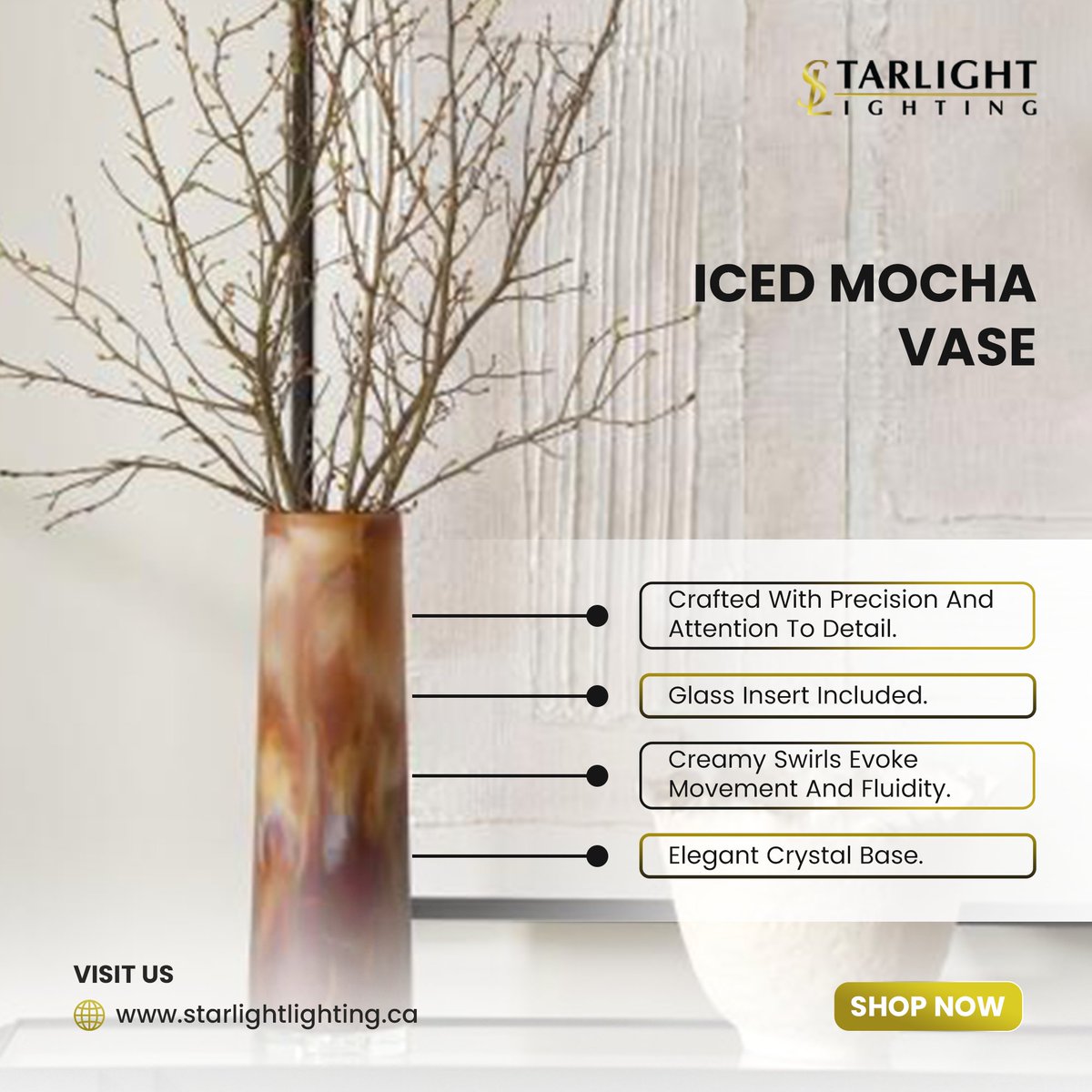 Star_Light_CA's tweet photo. Introducing the Iced Mocha Vase by Uttermost—a masterpiece where luxury meets artistry. From its rich caramel and brown tones to the graceful swirls perched on a crystal base

🌐 Shop at https://t.co/Bfhfyi0q9B 

#LuxuryDesign #InteriorArt #UttermostVase #HomeStyling #ModernDecor https://t.co/5p7LUYKqds