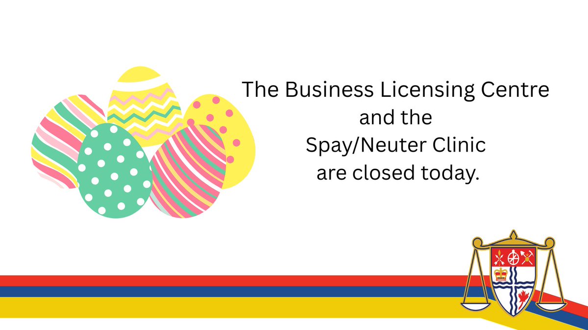 The Business Licensing Centre and the Spay/Neuter Clinic are closed today for the Easter long weekend.

Parking regulations remain in effect.  ottawa.ca/en/city-hall/c… #OttCity