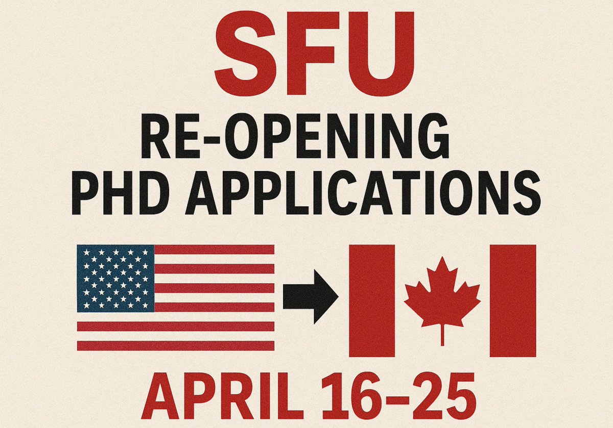 📢📢📢 SFU (Vancouver) is re-opening PhD applications for students seeking different arrangements due to the current political climate.

Condition: you must be holding an offer from a US university that ranks in the top-50 (worldwide).

**Please** do not email me otherwise.