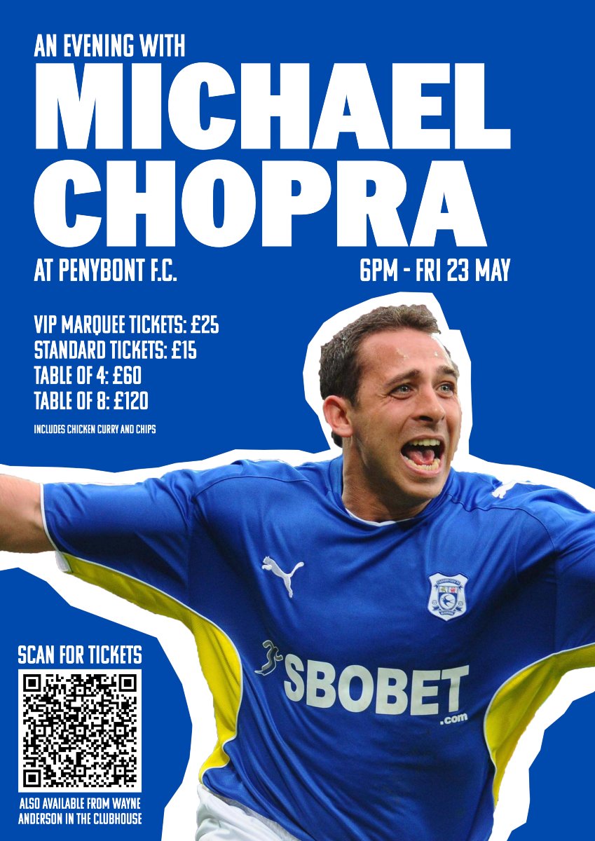 We're looking forward to welcoming Cardiff City legend, Michael Chopra, to Penybont next month.

Tickets are available now from app.fanbaseclub.com/club/penybont-… 🎟️

#WeArePenybont