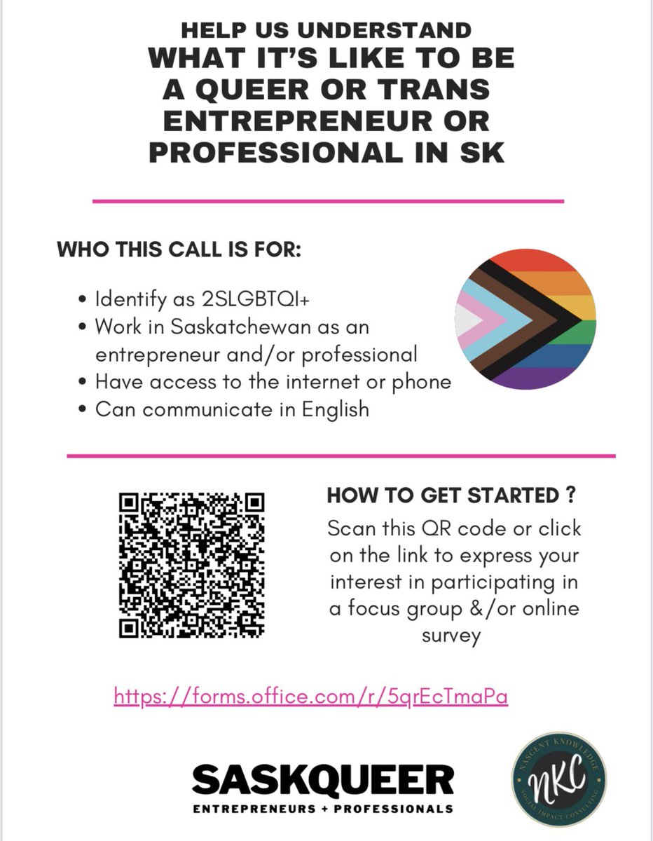 Are you a 2SLGBTQI+ entrepreneur or professional in Saskatchewan? Share your voice and help shape the future by joining a focus group or survey. Scan the QR code or visit the link to get involved!