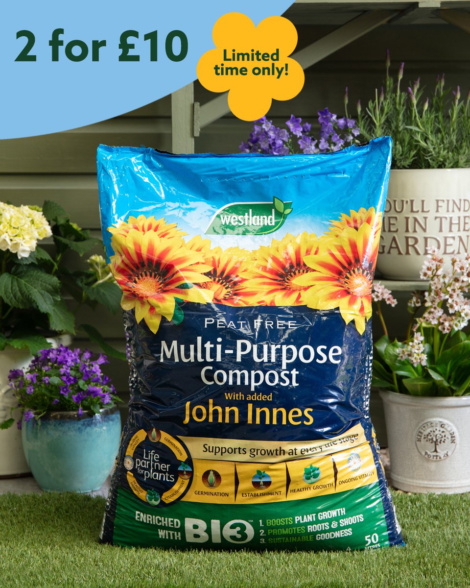 Easter Bank Holiday offers start TOMORROW! 🐰  Hop into the long weekend with some amazing offers on outdoor plants and gardening must-haves, including 2 for £10 on Westland ​
multi-purpose compost 50L (£8.99 each). 🐣​
Shop in-store and online for a limited time only!