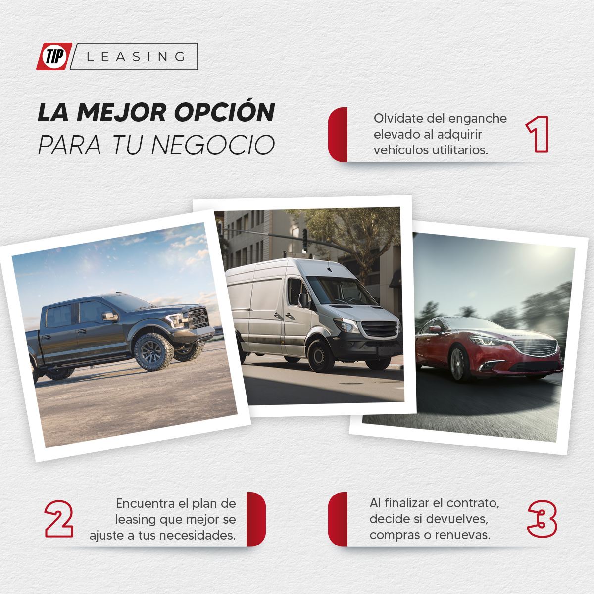 TIPMexico's tweet image. 💡 ¿Buscas la solución para renovar o ampliar tu flota de vehículos utilitarios? ¡TIP Leasing es tu mejor opción! Descubre las ventajas que tenemos para tu negocio. 🤔 #TIPMéxico #TIPLeasing