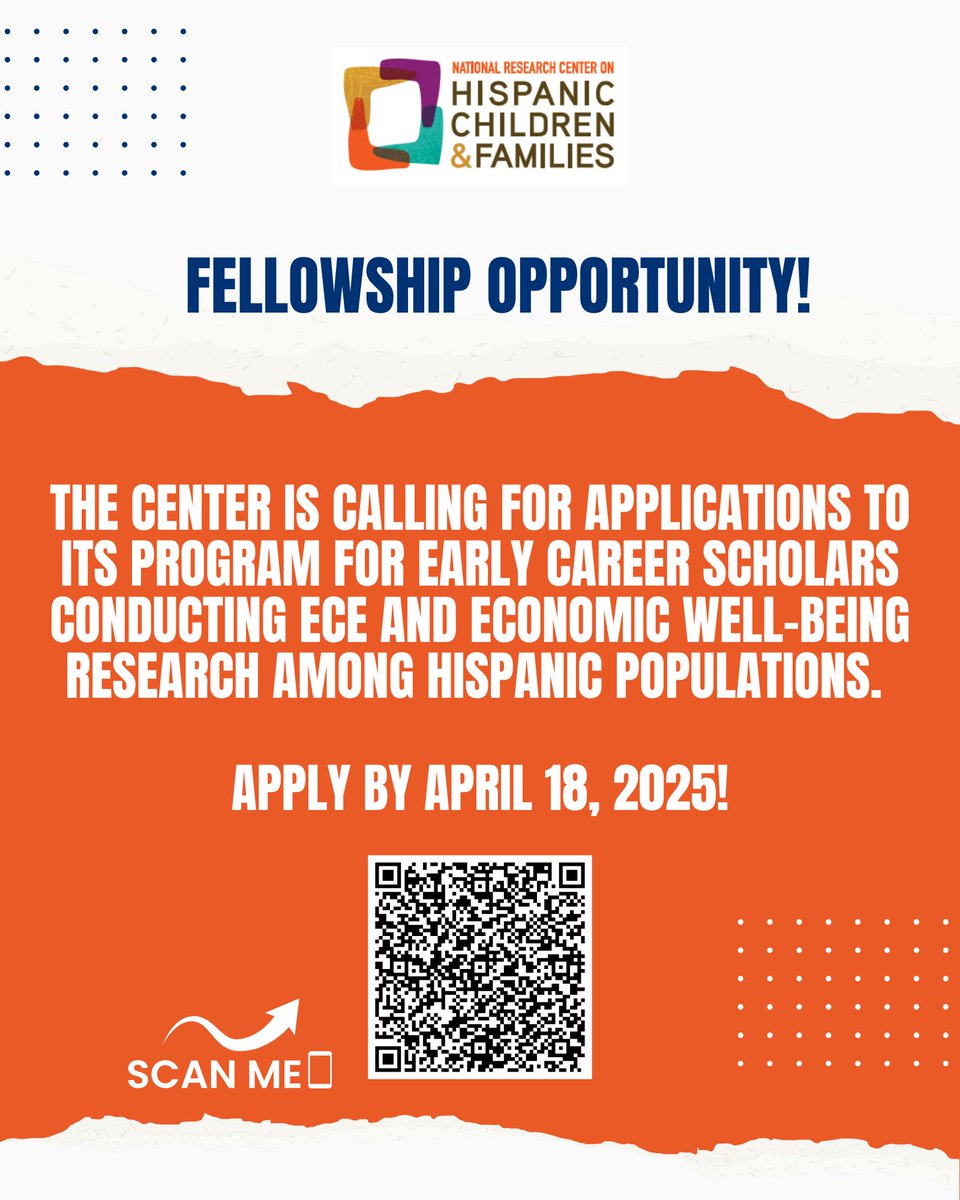 Early Career Scholars: Apply for the Center’s fellowship program for #ECE and #economicwellbeing research among Hispanic families and children. The fellowship provides research funds, mentorship, and PD opportunities. hispanicresearchcenter.org/emerging-schol… #EmScholars #AcademicTwitter