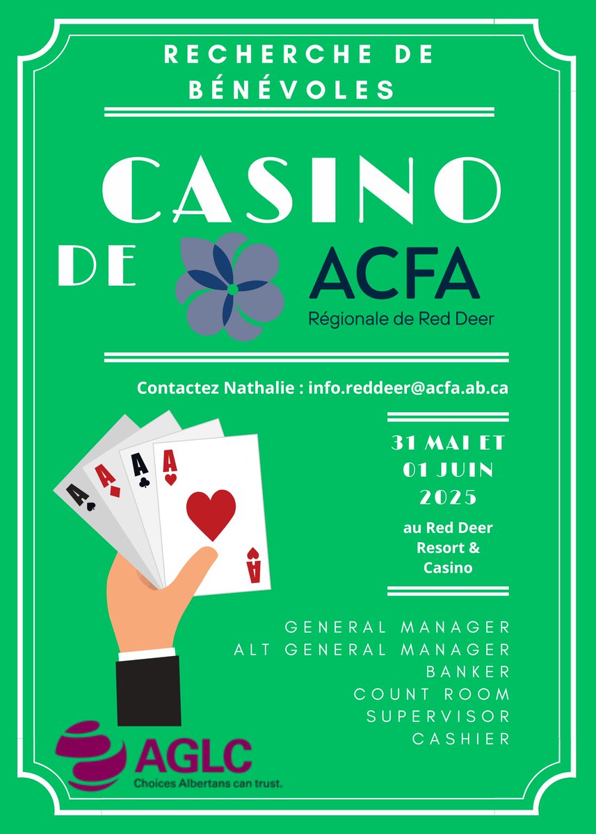 🎲 Bénévoles recherchés – Casino ACFA!
📅 31 mai &amp; 1er juin 2025
📍 Red Deer Resort &amp; Casino
👥 Postes: Dir. général, adjoint, banquier, caissier, etc.
📧 Contact: info.reddeer@acfa.ab.ca
Soutenez la communauté!
#RedDeer #Bénévolat