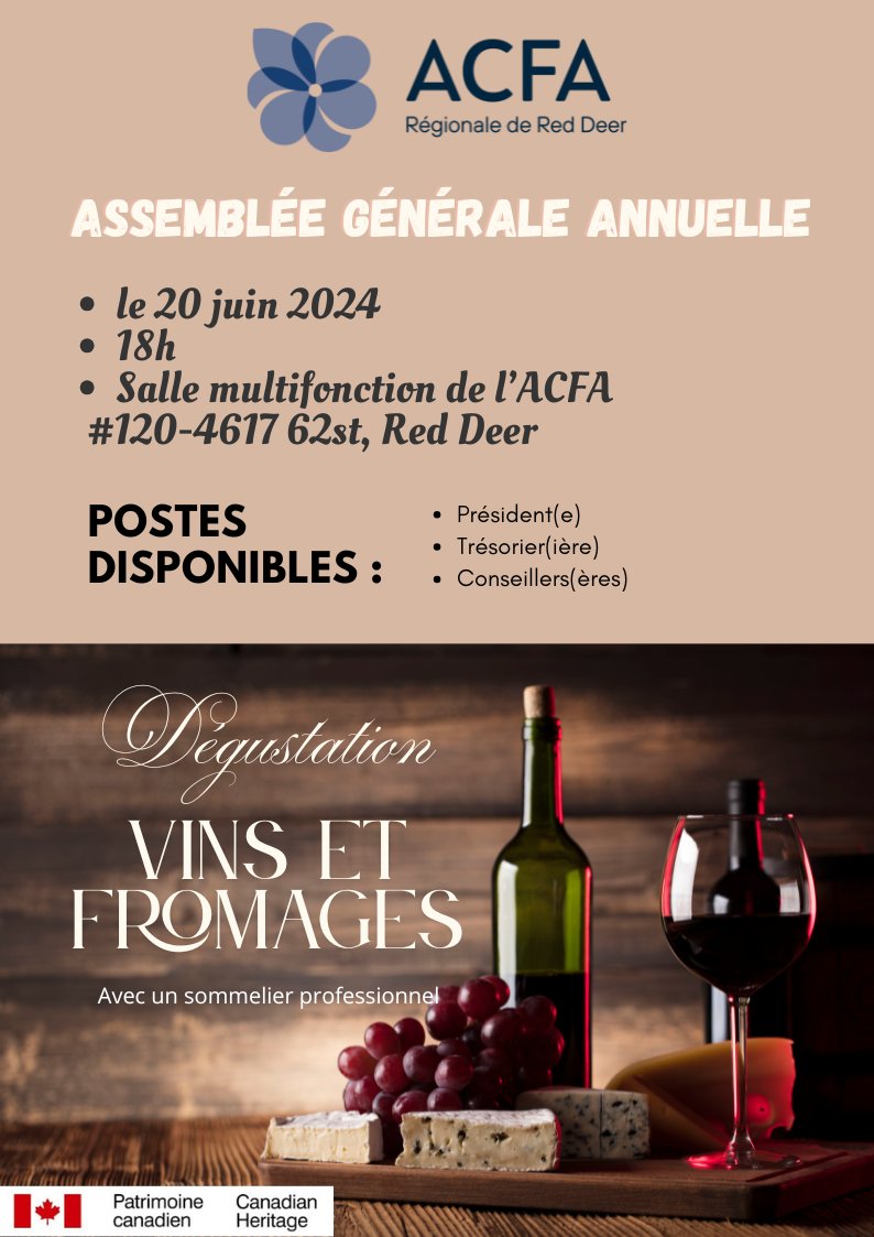 📅 AGA de l’ACFA Red Deer
🧀 Dégustation de fromages + élections!
📆 20 juin à 18h00
📍 4617 62 St, unité 120
Postes à pourvoir: président(e), secrétaire, conseillers
📢 Venez nombreux!
#RedDeer #AGA #Francophonie