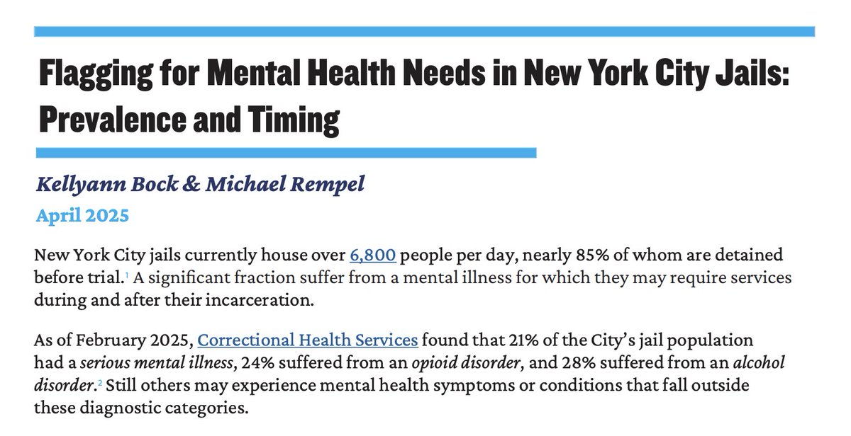 dataforjustice's tweet image. 💡How prevalent are mental health needs in NYC jails, &amp; when are they identified?
➡️Mental health needs at Rikers have been rising since 2016. Most people are flagged near intake—though some much later—and women are more likely to be flagged.
📌Read more: datacollaborativeforjustice.org/work/racial-ju…