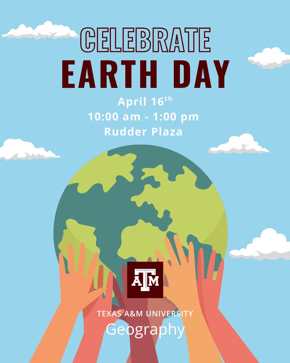 Join @TAMUGeography this Wednesday, April 16th in Rudder Plaza for an Earth Day celebration! Come play Map Twister, test your knowledge with trivia, and enjoy fun games honoring our planet.💚 🌎🌱
