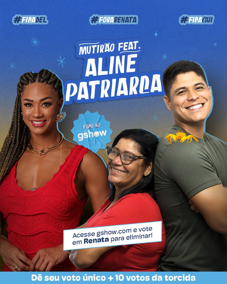 🚨 MUTIRÃO FEAT ALINE PATRIARCA! 🚨
É HORA DA VOTAÇÃO!
Vamos juntos votar para eliminar Renata e manter Gui e Del no jogo! 💪🔥
🔹 Comente um emoji a cada 20 votos! 👇
Encerra: 15h00
Meta: 2K
✅ O voto é para ELIMINAR, vote em Renata!
⚠ Link para votação:
Voto único: