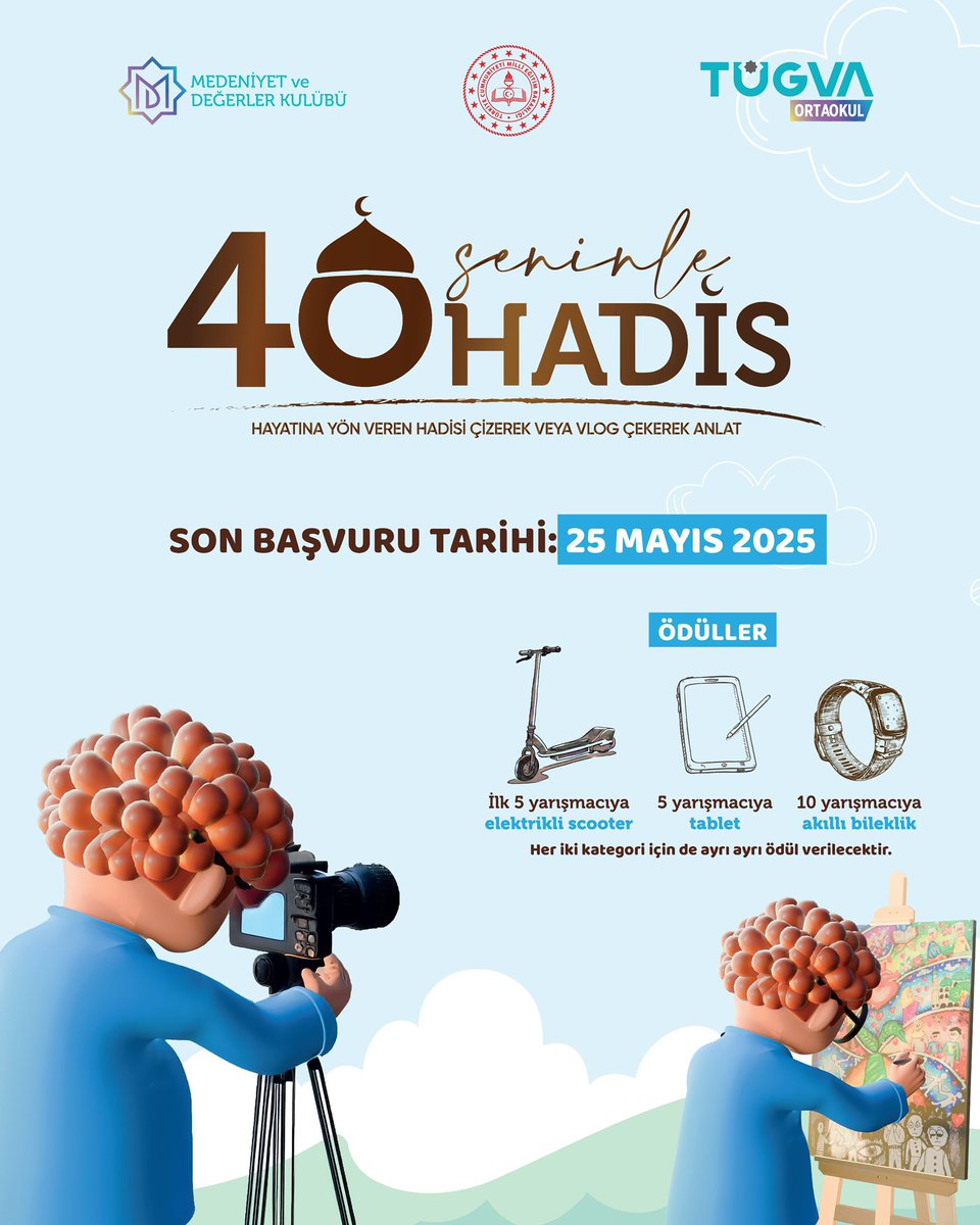 🎯 “Bir Hadis, Bir Çizim, Bir Mesaj!”
Peygamberimizin sözlerini renklerine kat, çizgilerine yön ver.
Ya da kameranı aç, duygunu paylaş, hadisi uygulamanla anlat!
#Seninle40Hadis başlıyor!

Başvuru için 📲 l24.im/c83lo
