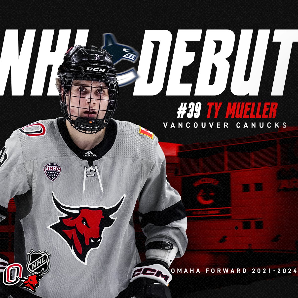 Congrats to Ty Mueller on making his NHL debut with <a href="/Canucks/">Vancouver Canucks</a> over the weekend!

Ty is the fifth Maverick to debut in the NHL since 2023.

Mueller reunited with former Omaha teammate and current Vancouver blueliner Victor Mancini🤘

The pair of former Mavs were both drafted during