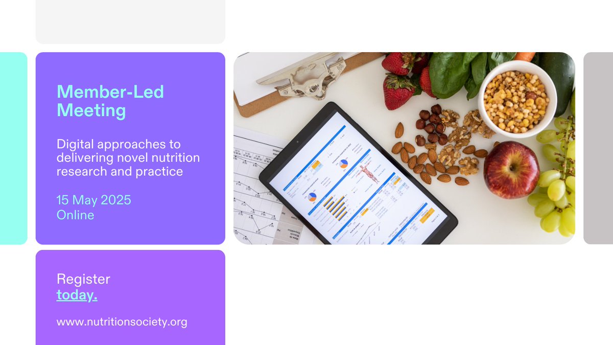 Join our Member-Led Meeting - #Digital approaches to delivering novel #NutritionResearch and practice on 15 May.
Welcoming researchers from #nutrition and #dietetics, #psychology, and #ComputerScience. Find out more bit.ly/4lvgmhW 

#digitalhealth #AIHealth