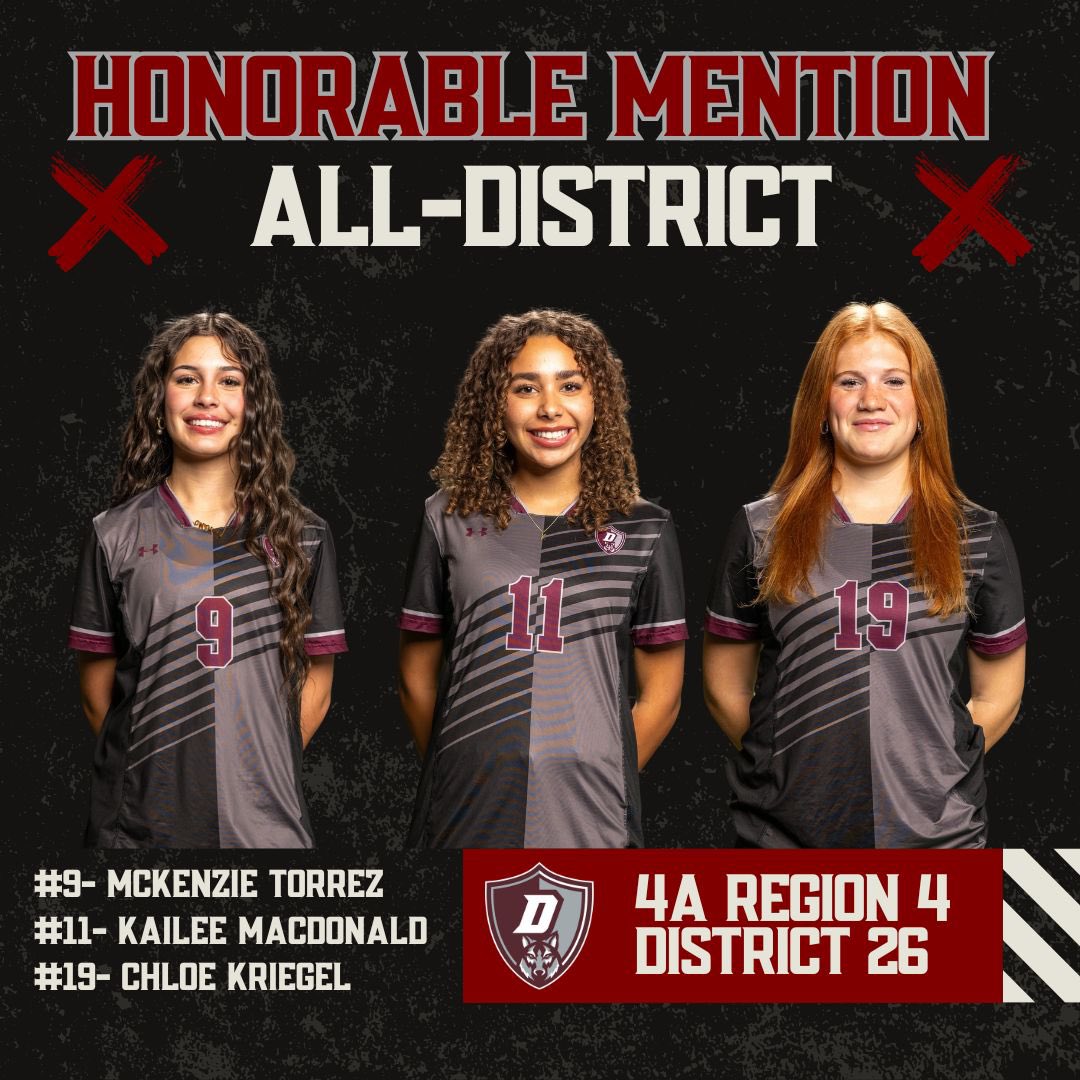 Davenport Girls Soccer (@dhs_gsoccer) on Twitter photo Congratulations Chloe Kriegel, Kailee MacDonald, and McKenzie Torrez for receiving a 4A, Region 4, District 26 Honorable Mention!
<a href="/jdzimmerhanzel/">JD Zimmerhanzel</a> <a href="/taylour_to5o/">Taylour Toso</a> <a href="/dhs_looney/">Angela Looney</a> <a href="/tascosoccer/">TASCO</a> <a href="/cisdnews/">Comal ISD</a> <a href="/LethalSoccer/">Coach Duque</a> <a href="/DavenportWolves/">DHS Wolves Athletics</a> <a href="/6a_28/">SA High School & Club Soccer</a> <a href="/hinojosa_david/">David Hinojosa</a> <a href="/NewBraunfelsHZ/">NB Herald-Zeitung</a> <a href="/50_50Pod/">The 50/50 Podcast ⚽️🎙</a> Congratulations Chloe Kriegel, Kailee MacDonald, and McKenzie Torrez for receiving a 4A, Region 4, District 26 Honorable Mention!
<a href="/jdzimmerhanzel/">JD Zimmerhanzel</a> <a href="/taylour_to5o/">Taylour Toso</a> <a href="/dhs_looney/">Angela Looney</a> <a href="/tascosoccer/">TASCO</a> <a href="/cisdnews/">Comal ISD</a> <a href="/LethalSoccer/">Coach Duque</a> <a href="/DavenportWolves/">DHS Wolves Athletics</a> <a href="/6a_28/">SA High School & Club Soccer</a> <a href="/hinojosa_david/">David Hinojosa</a> <a href="/NewBraunfelsHZ/">NB Herald-Zeitung</a> <a href="/50_50Pod/">The 50/50 Podcast ⚽️🎙</a>