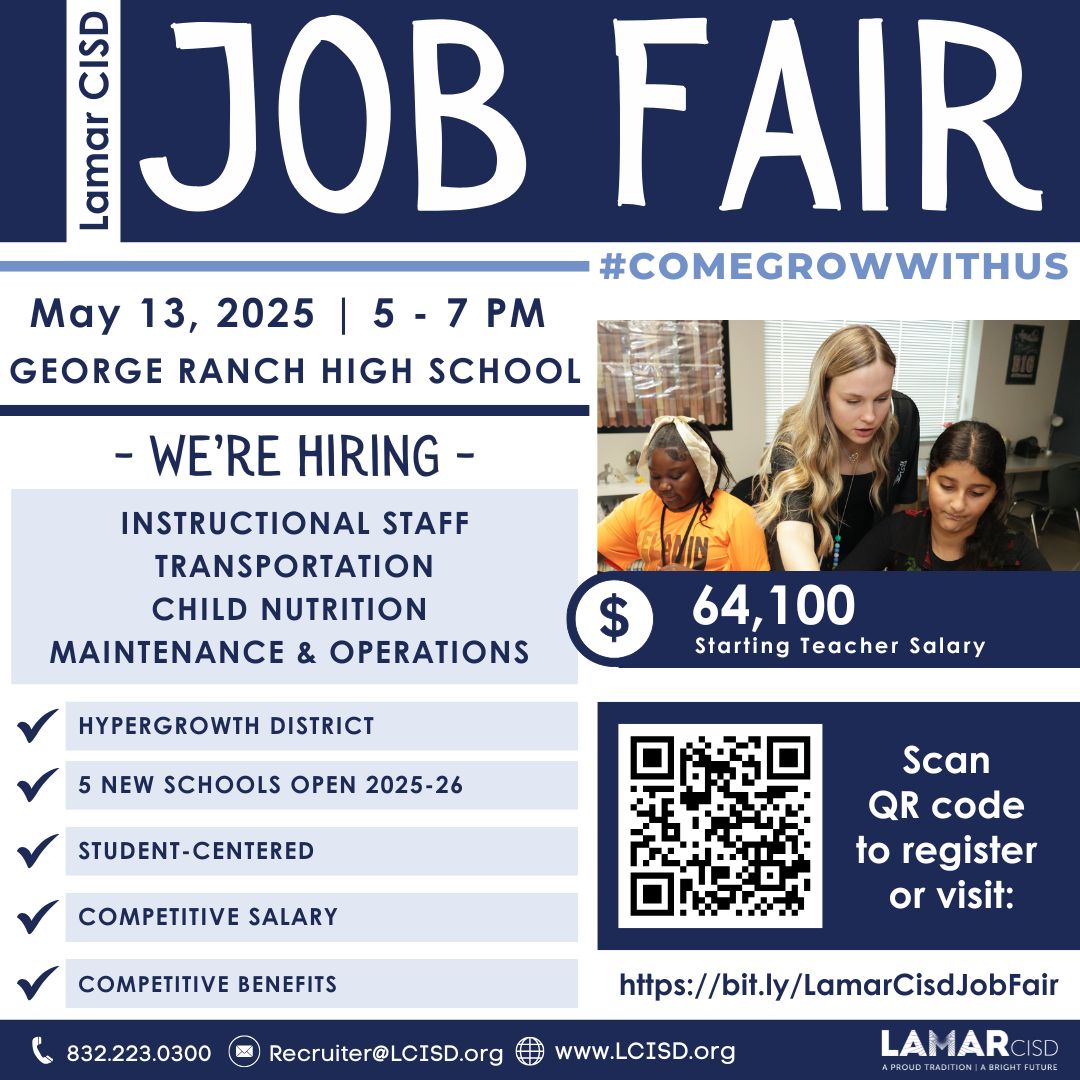 Job Fair Alert! 
Join us on May 13th from 5-7 PM at George Ranch High School for an exciting job fair! 
Child Nutrition is hiring, and we want YOU to be part of our team! 
Don't miss this opportunity to stop by and apply. See you there! #LCISDwefeedkids