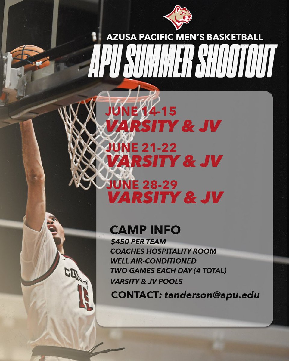 APUMBB's tweet image. High School TeamsโLetโs Go!
The 2025 Summer Shootouts is live!
Donโt miss outโemail tanderson@apu.edu to save your spot!
#SummerShootout2025
#HighSchoolHoops