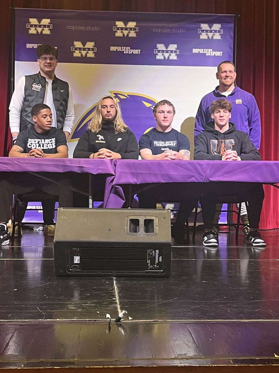 Big day for Maumee Football! Congrats to Carson, Cody, Keishon, and Pierce on signing their National Letters of Intent to play college football! All four were 4-year players who played a huge role in building our program. Proud is an understatement — go get it, boys! #WIN