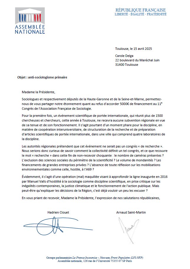 Arnaud Saint-Martin (@arsaint_martin) on Twitter photo Pas de subvention (modique) de <a href="/CaroleDelga/">Carole Delga</a> pour le congrès de l’Association française de sociologie à Toulouse. Le motif ? Ce ne serait pas dédié à "la recherche". Et puis quoi encore ! Ce refus de la Région est choquant. Mépris des SHS. <a href="/HadrienClouet/">Hadrien Clouet</a> et moi l'interpellons.⤵️ Pas de subvention (modique) de <a href="/CaroleDelga/">Carole Delga</a> pour le congrès de l’Association française de sociologie à Toulouse. Le motif ? Ce ne serait pas dédié à "la recherche". Et puis quoi encore ! Ce refus de la Région est choquant. Mépris des SHS. <a href="/HadrienClouet/">Hadrien Clouet</a> et moi l'interpellons.⤵️