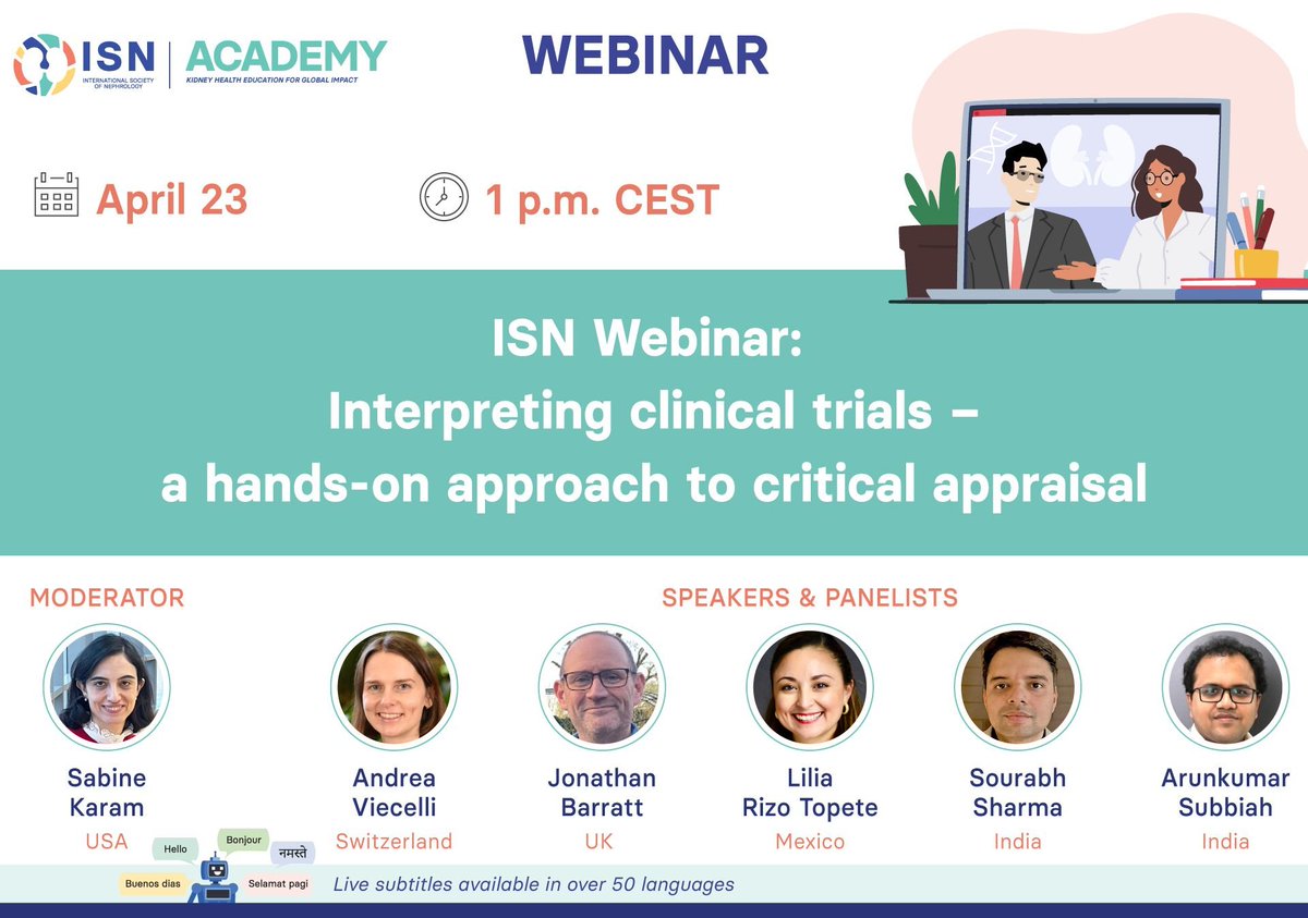 Los invitamos al Webinario ISN:  "Interpreting Clinical Trials: A Hands-On Approach to Critical Appraisal." 
🗣️ Andrea Viecelli, Jonathan Barratt, Lilia Rizo Topete, Sourabh Sharma, Arunkumar Subbiah 
👤 Sabine Karam 
🗓️ 23 Abril
🕐 1 pm CEST 
🔗 Registro: lite.spr.ly/6009GSl1