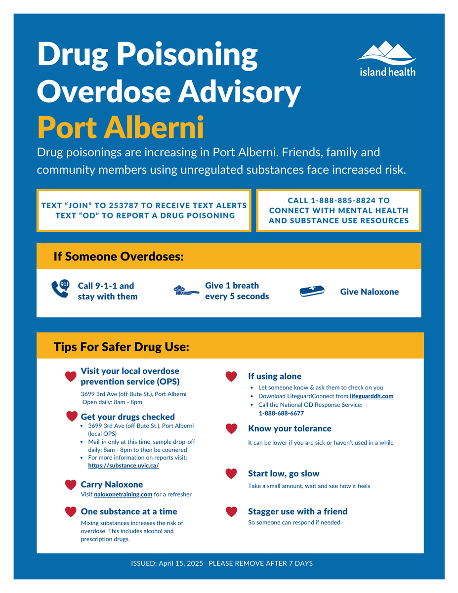 PLEASE SHARE: A Drug Poisoning/Overdose Advisory has been issued for #PortAlberni.

Find information on supervised consumption sites, drug-checking services &amp; more: ow.ly/FgyS50PLkLF