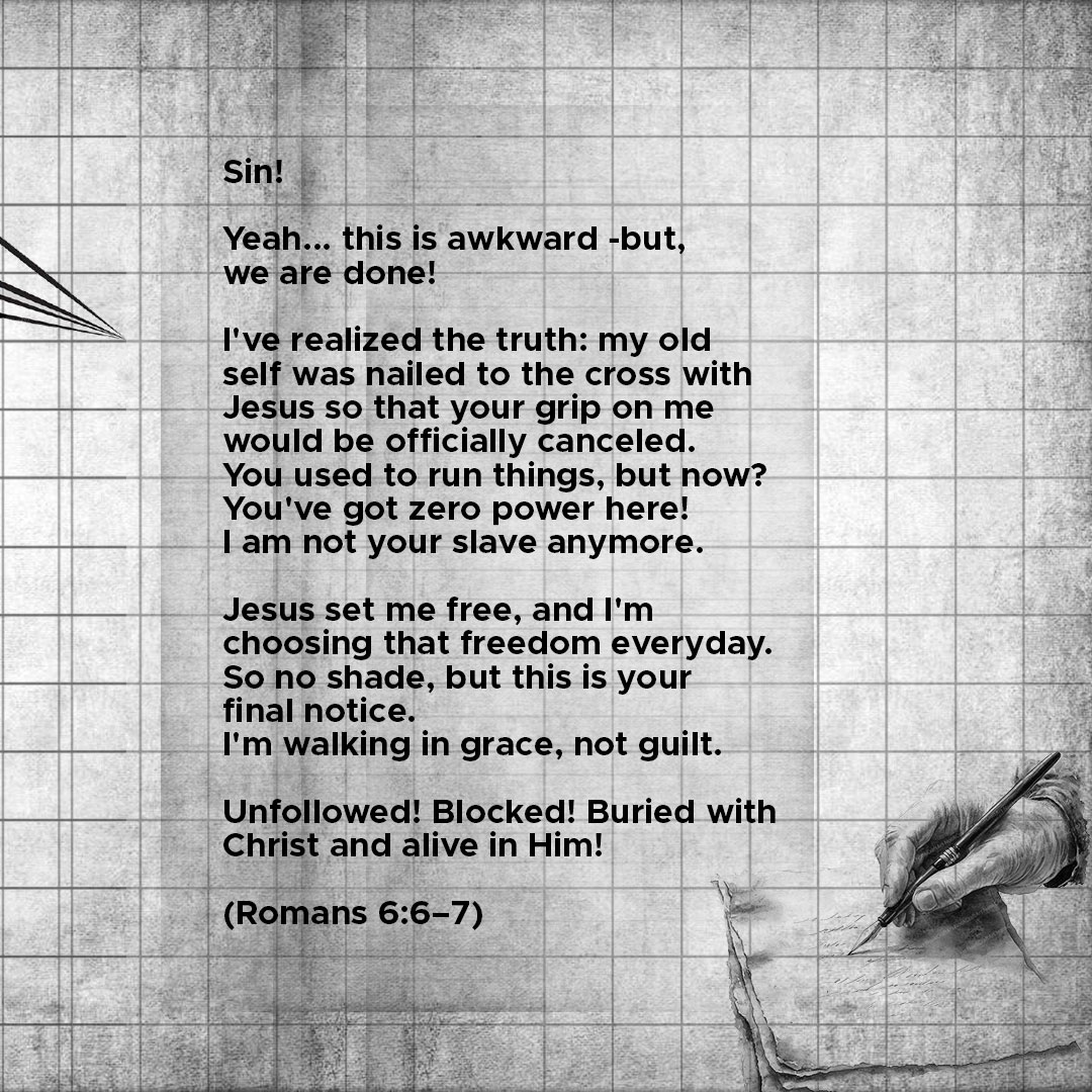 Rcfunilorin's tweet photo. Sin has no hold on you anymore, it has lost its grip on you!

Do you still feel that heavy weight of sin on you? It's an official break up letter to sin today and affirm it strongly. (Check slide 2) https://t.co/dIBXT2azx3