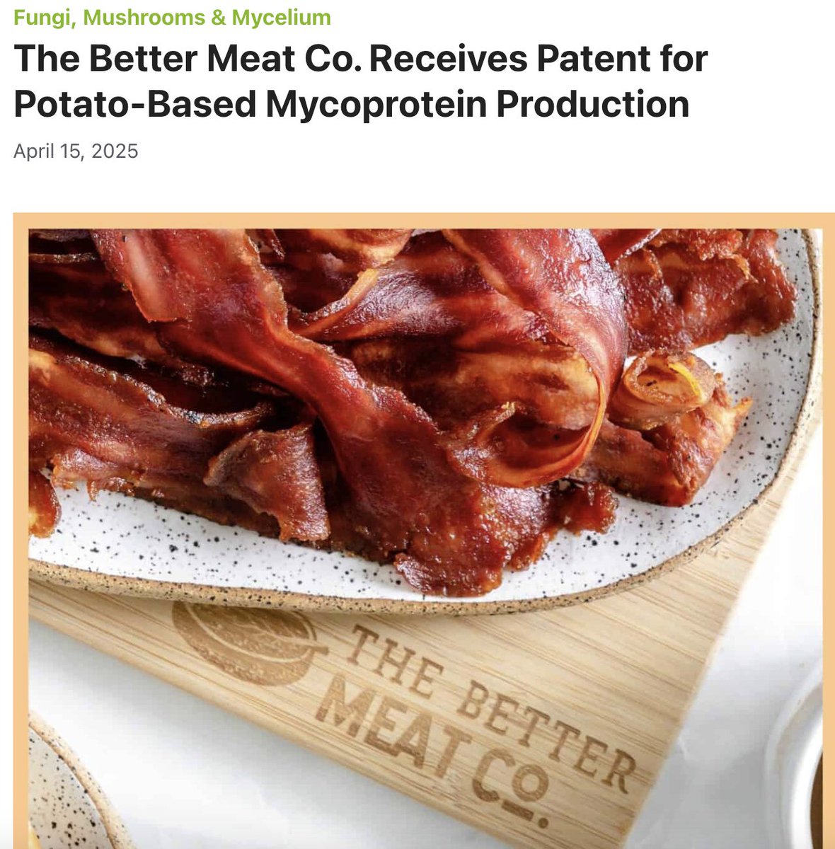 Turning potatoes into meat may seem like science fiction, but <a href="/BetterMeatCo/">The Better Meat Co.</a>'s new patent shows it’s science fact—and that our tech can scale to help solve some of the world’s most pressing food security challenges.

vegconomist.com/fungi-mushroom…