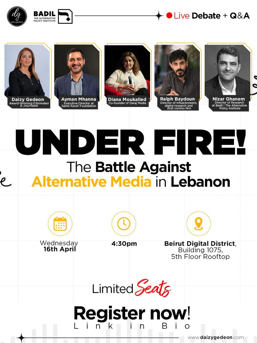 If you are in #Beirut tomorrow, don't miss our live panel discussion looking at the #Banking_Lobby's frontal assault on independent media. 📷📷
Register now, as seats are limited: forms.gle/ueGSBJ5ZPJXpGF…