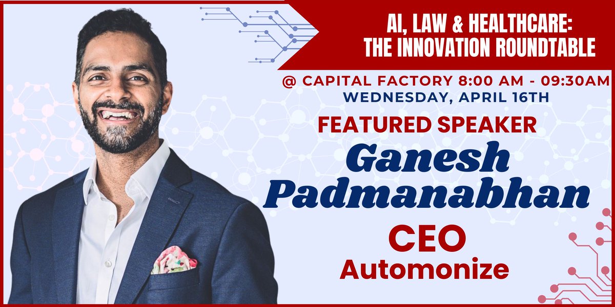 HealthTechATX's tweet image. See You Tomorrow at 8am @CapitalFactory | For  AI, Law &amp;amp; Healthcare : The Innovation Roundtable, Presented By @HuschBlackwell &amp;amp; Featuring Charles Taylor @DellMedSchool | Ganesh Padmanabhan @_ganeshp | Adam Royal @HBhealthcarelaw | Free RSVP shorturl.at/i1Z24