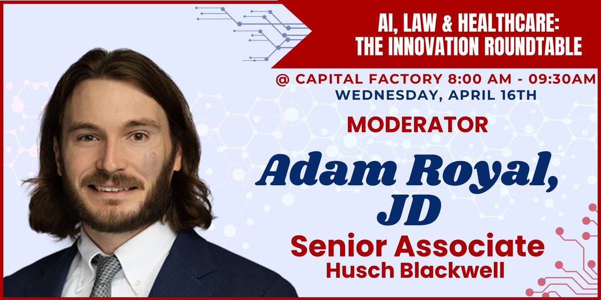 HealthTechATX's tweet image. See You Tomorrow at 8am @CapitalFactory | For  AI, Law &amp;amp; Healthcare : The Innovation Roundtable, Presented By @HuschBlackwell &amp;amp; Featuring Charles Taylor @DellMedSchool | Ganesh Padmanabhan @_ganeshp | Adam Royal @HBhealthcarelaw | Free RSVP shorturl.at/i1Z24